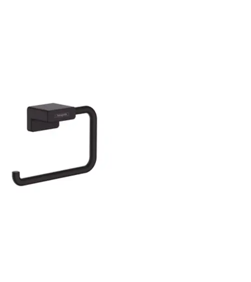 Schwarzer Toilettenpapierhalter von Hansgrohe mit geradlinigem Design, montiert an einer Wand. Der Halter hat eine rechteckige Halterung und eine offene Rolle.
